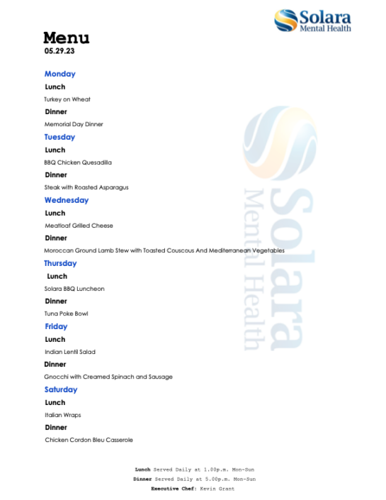 Sample Menu from 5/29/2023